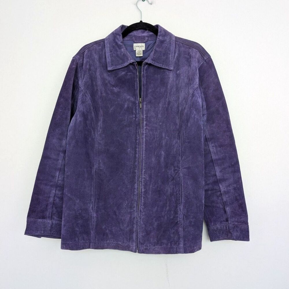 Vintage Chicos Genuine Suede Purple Collared Leather Jacket Sz Chico's 3/XL